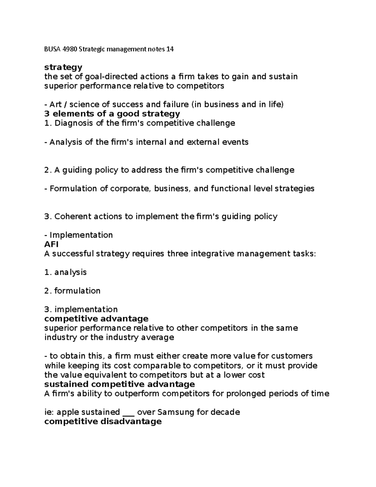 BUSA 4980 Strategic management notes 14 - BUSA 4980 Strategic ...