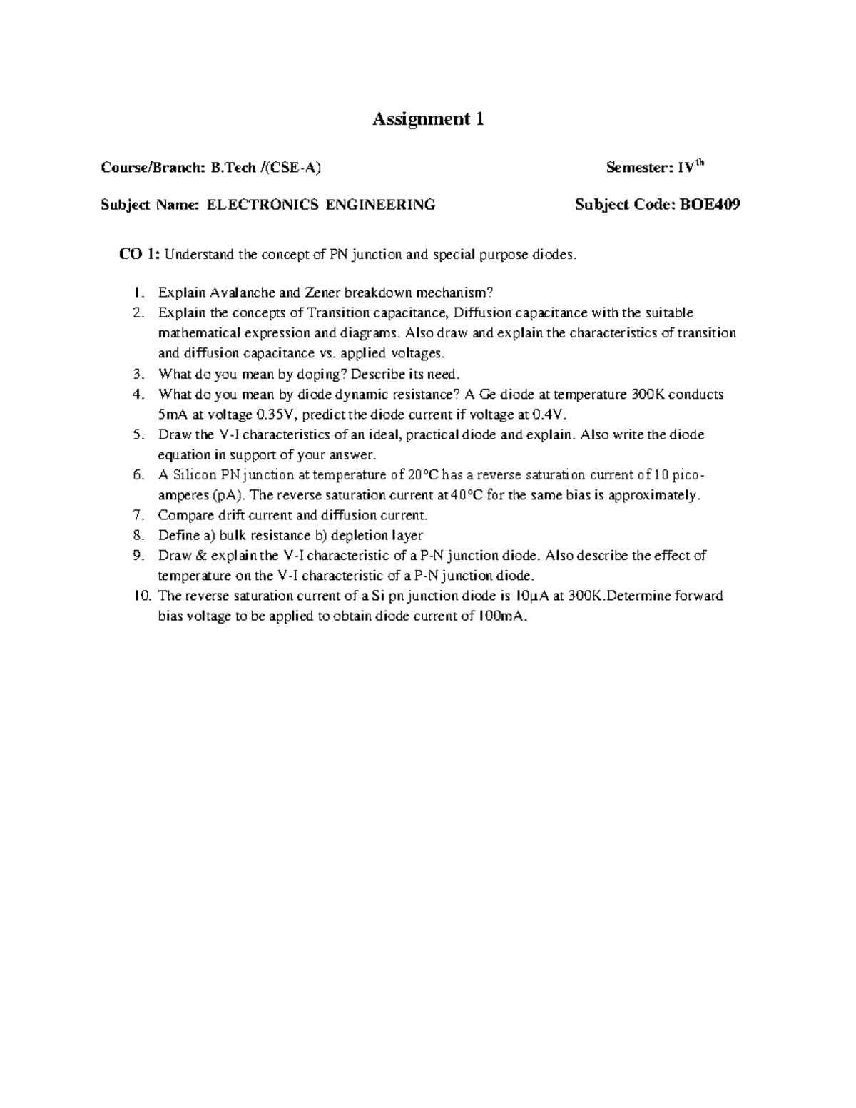 Assignment of Electronics of Unit 1 - Assignment 1 Course/Branch: B ...