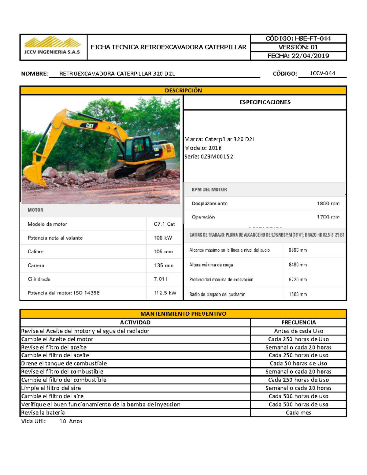 HSE-FT-044 Ficha Técnica y Mantenimiento Retroexcavadora Caterpillar 320 D2L - Document Preview