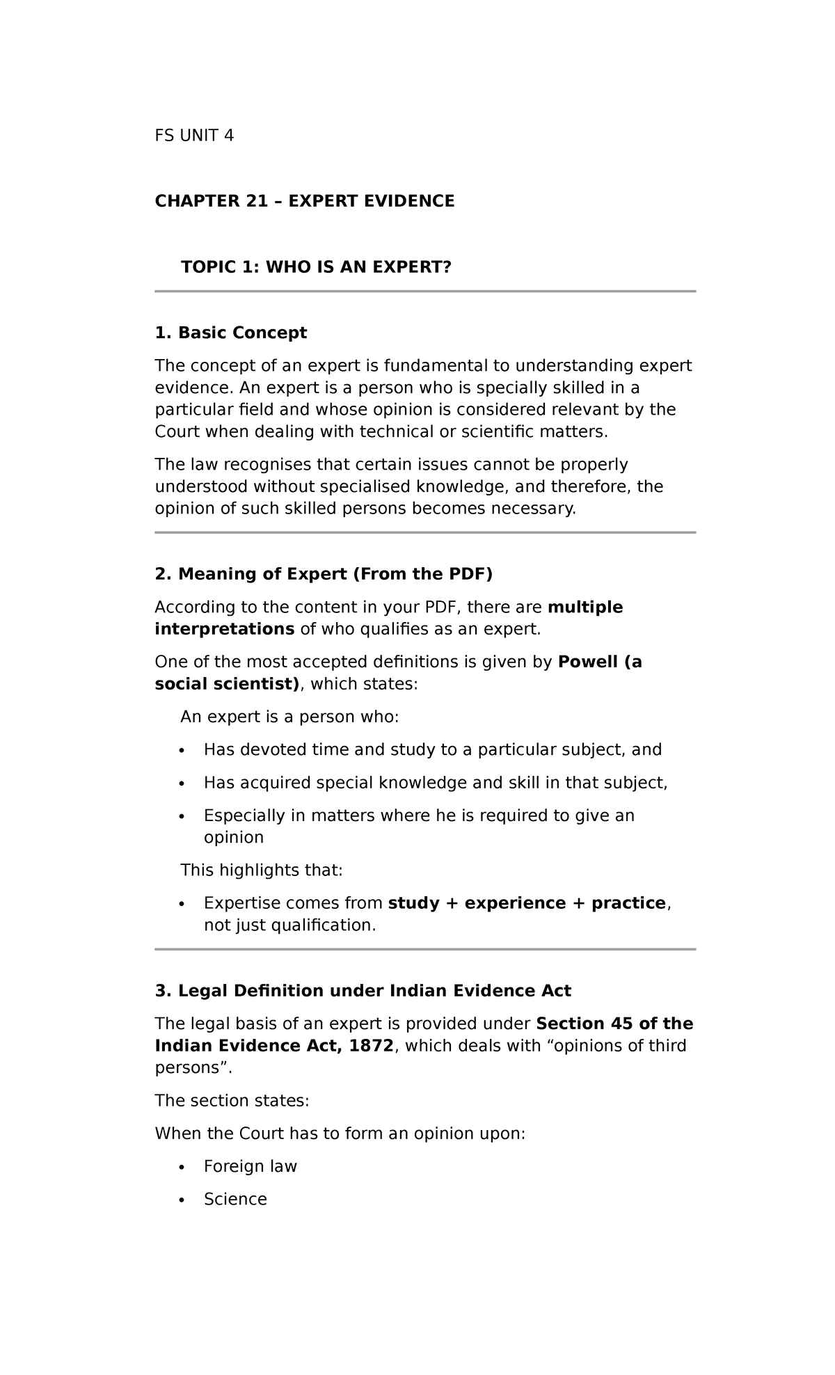 FS UNIT 4 CHAPTER 21 EXPERT EVIDENCE: UNDERSTANDING AND APPLICATION ...