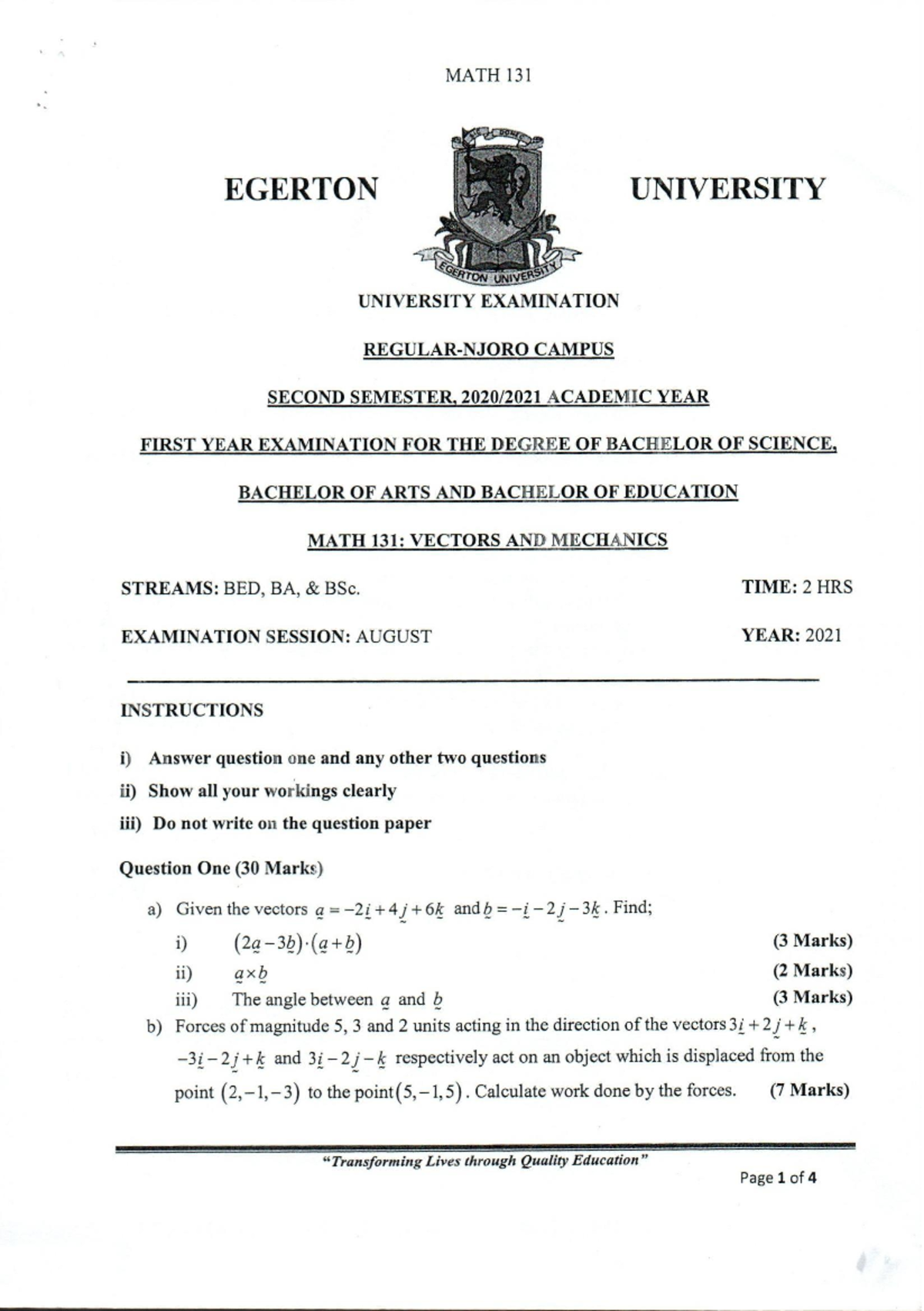 MATH 131 Final Exam: Vectors and Mechanics - August 2021 - Studocu