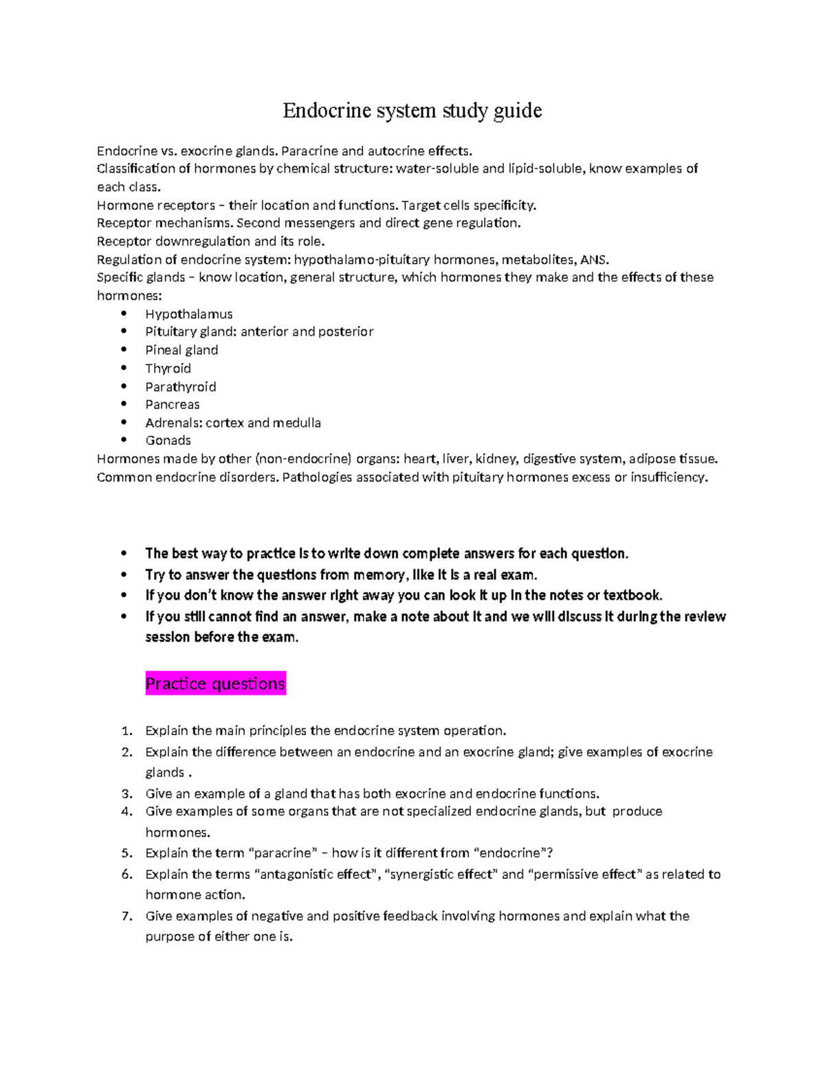 Endocrine System Study Guide: Glands, Hormones & Functions (Su17) - Studocu
