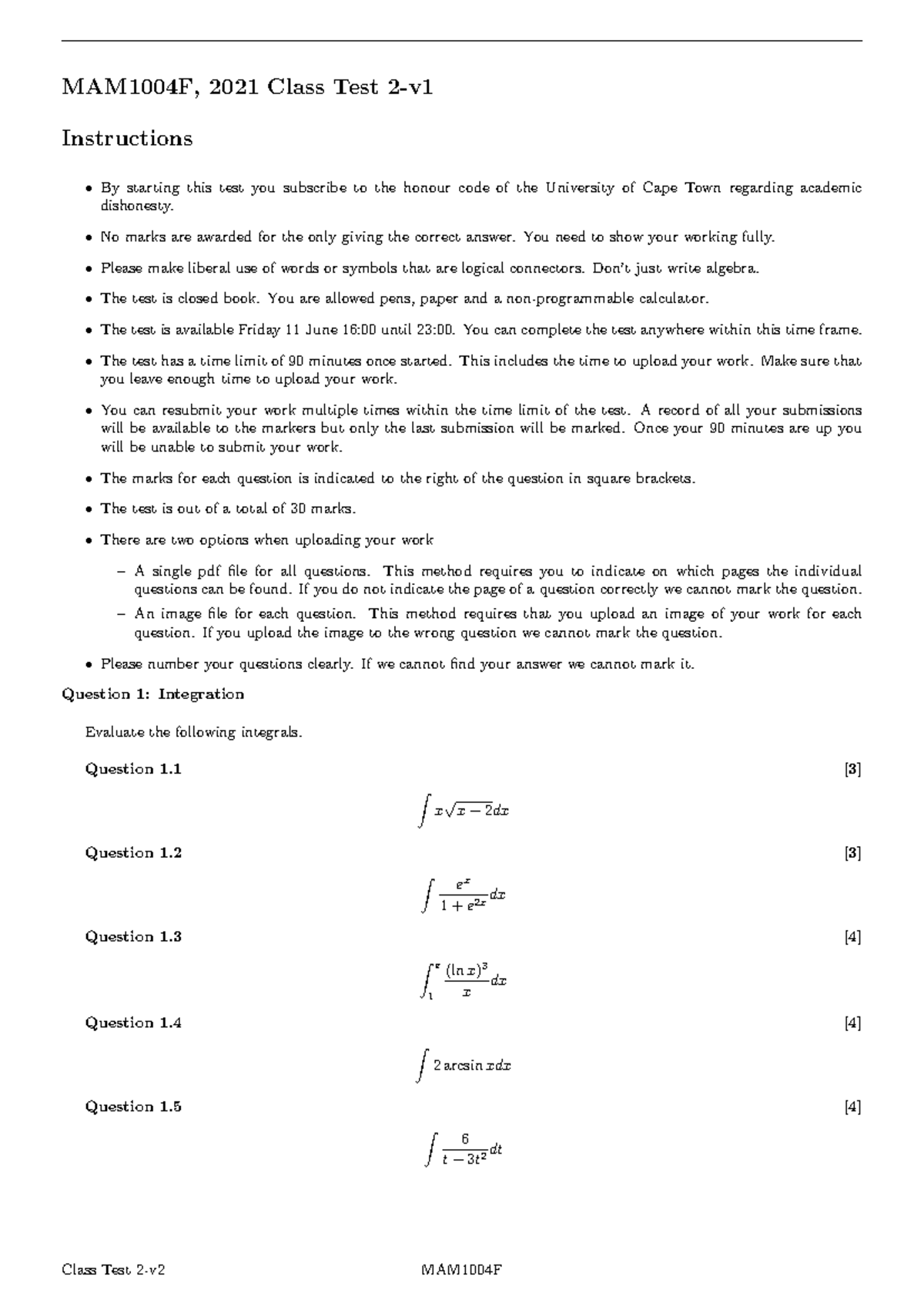 MAM1004F Class Test 2 - Integration & Differential Equations - Studocu