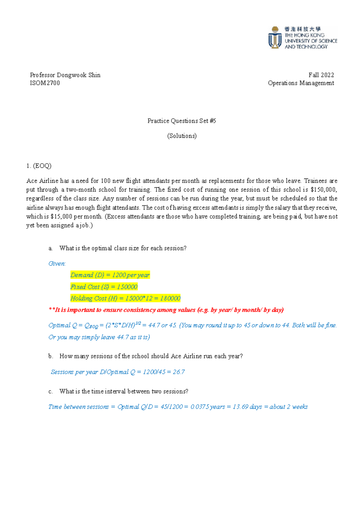 ISOM2700 Fall 2022 Operations Management Practice Questions Set 5 ...