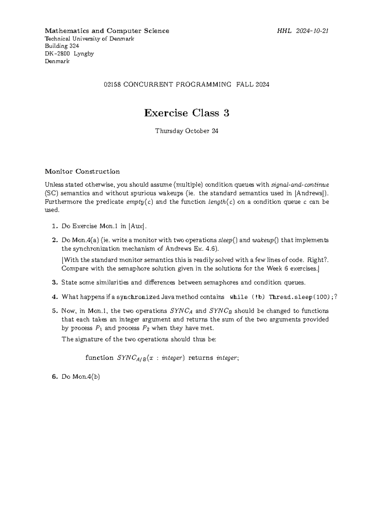 Concurrent Programming Exercise Class 3 - HHL 02158 Fall 2024 - Studocu