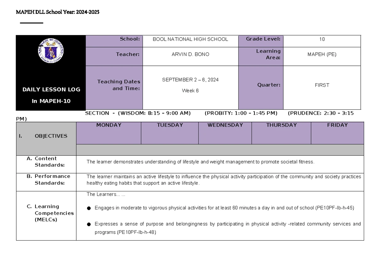 Q1 DLL MAPEH Music 10 Week 1 Lesson Plan and Activities - Studocu