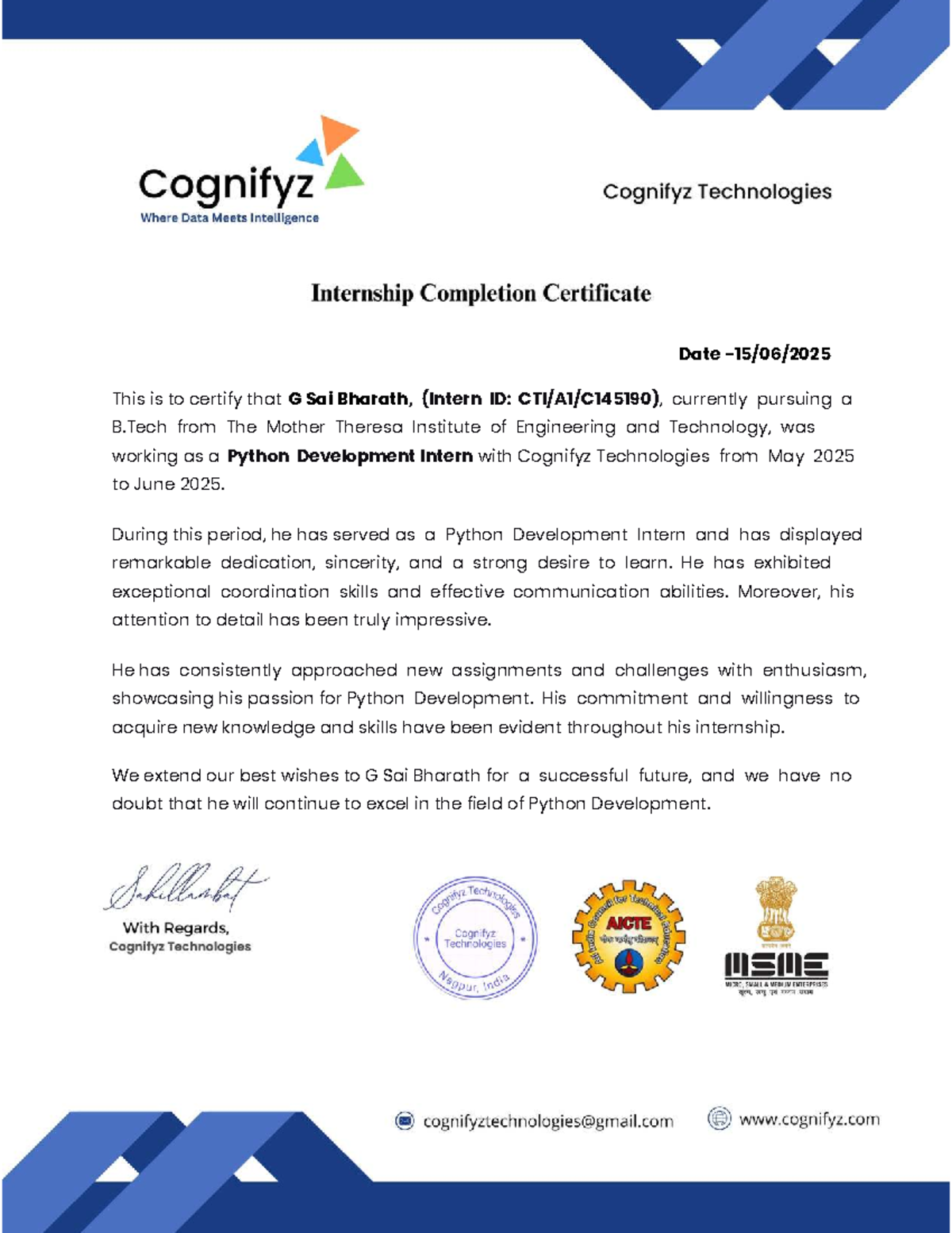 Internship Certificate: Python Development Intern - G Sai Bharath - Studocu