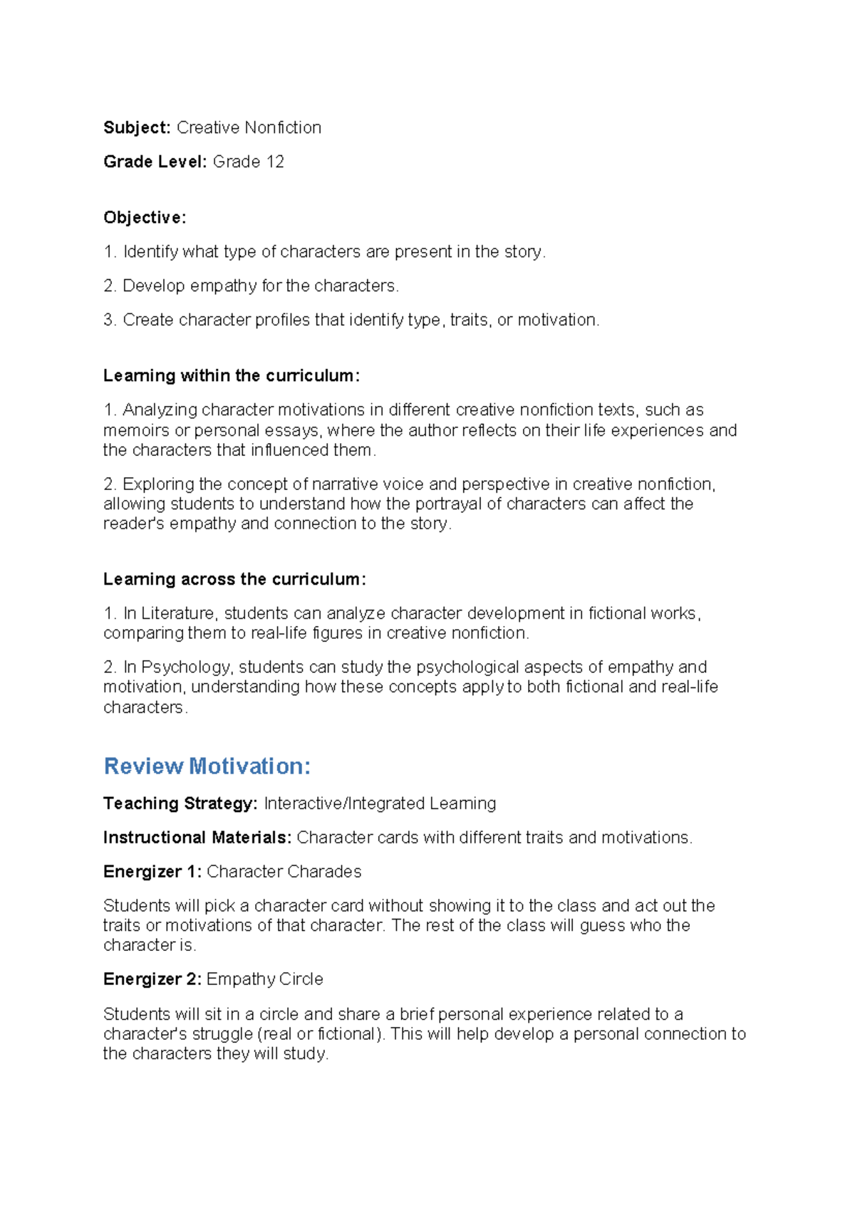 Creative Nonfiction Lesson Plan for Grade 12: Character Analysis ...