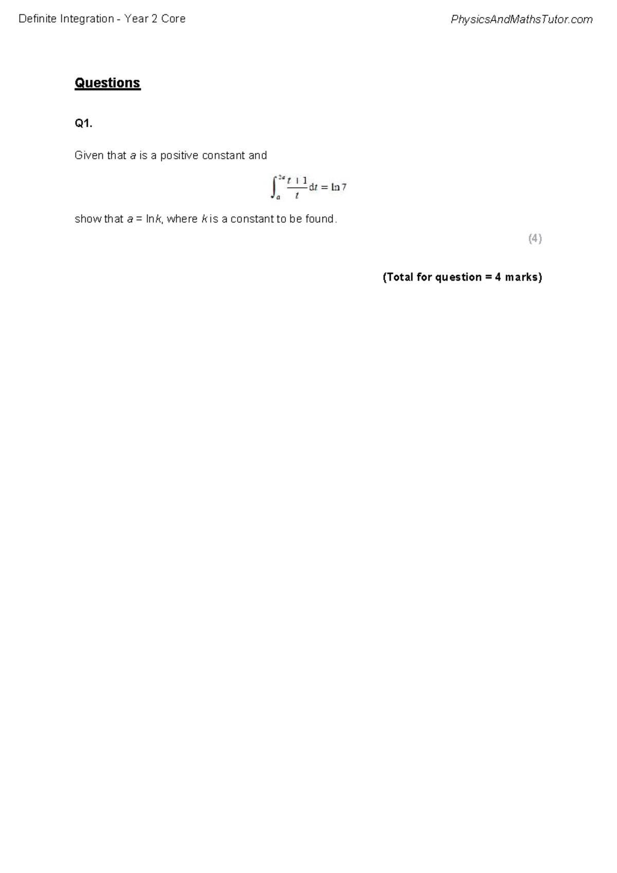 Definite Integration - Year 2 Core Physics & Maths Tutor Questions ...