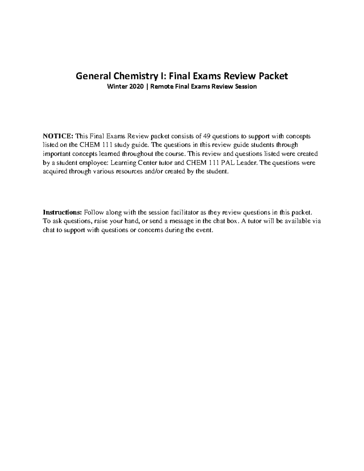 CHEM 111 - Final Exam Review Packet for General Chemistry I - Studocu