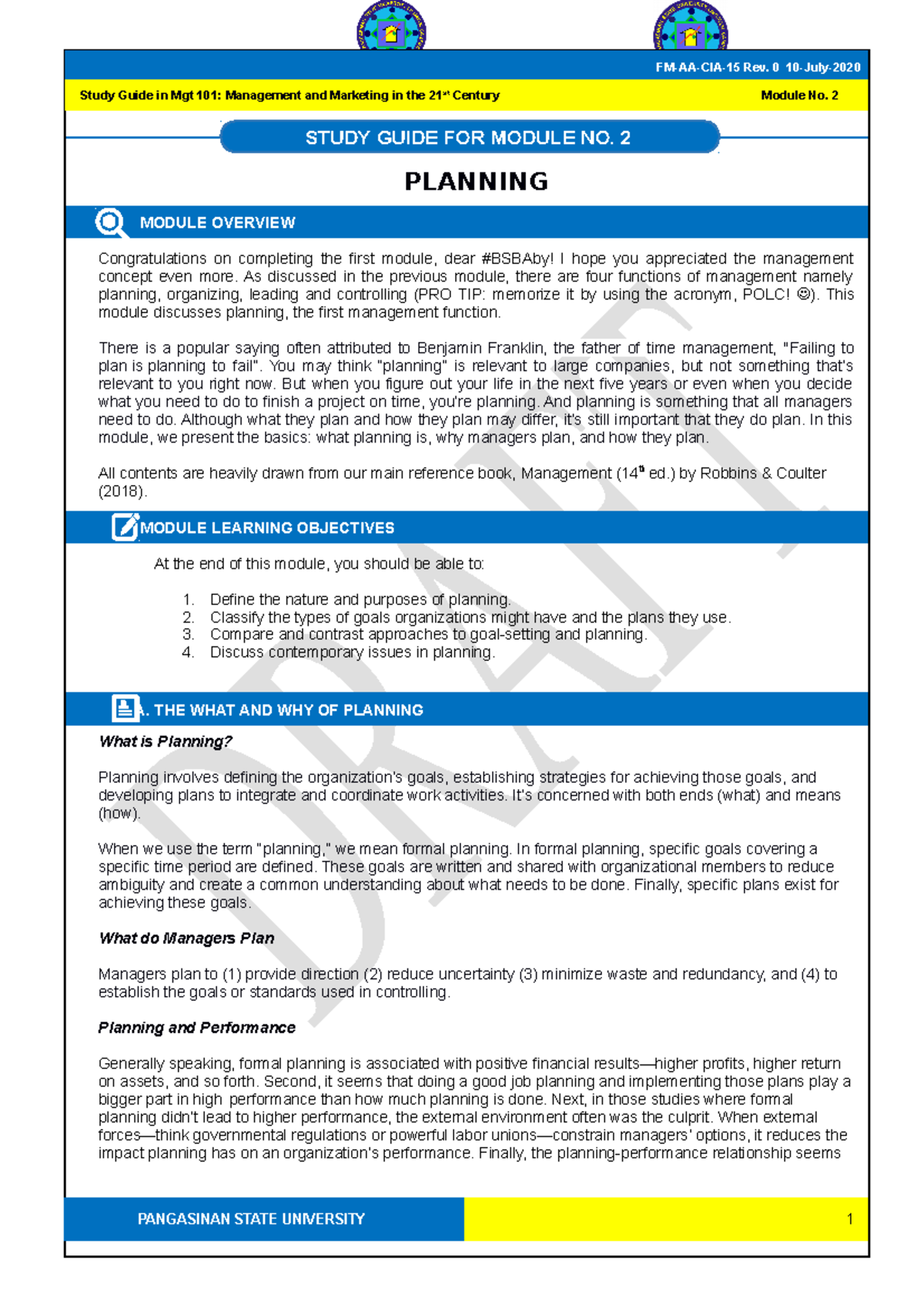 Mgt 101 SG 2: Study Guide on Planning in Management Functions - Studocu