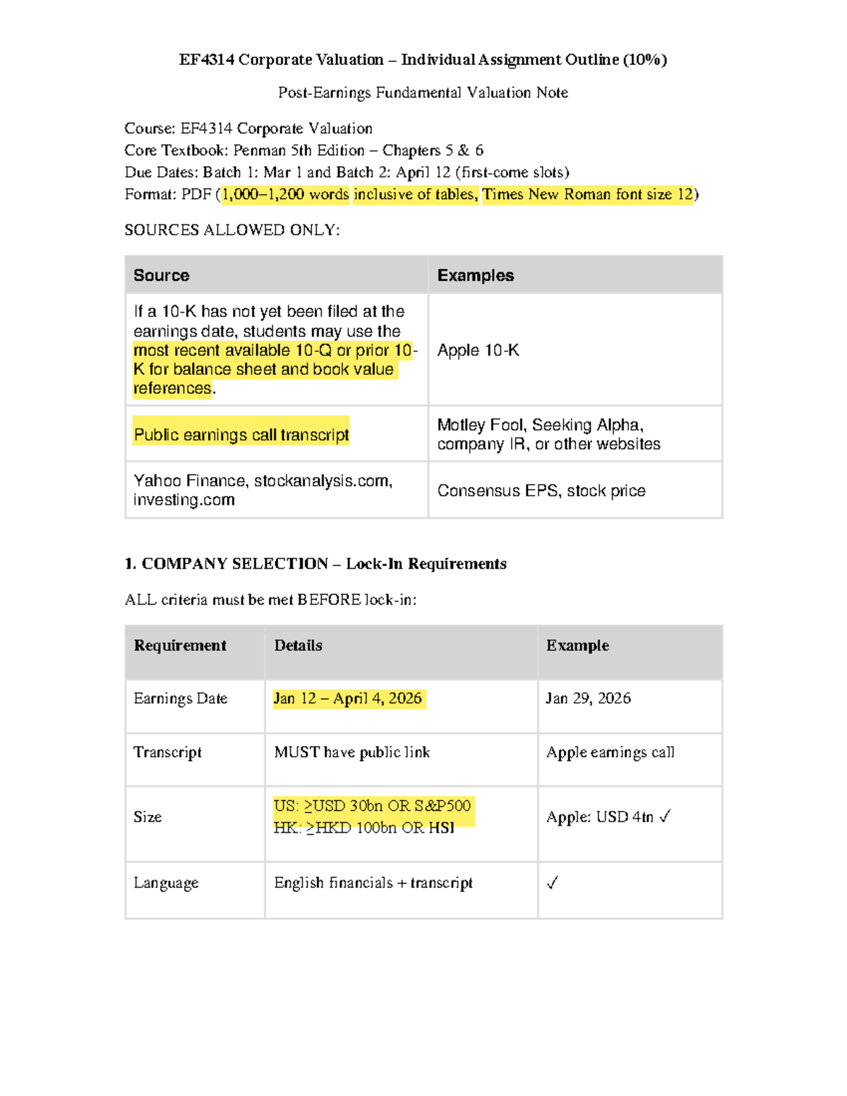 EF4314 Corporate Valuation Individual Assignment Guidelines - Studocu