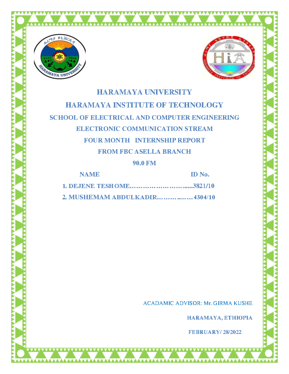 FBC Internship Report: 90.0 FM4 at Haramaya University - Studocu