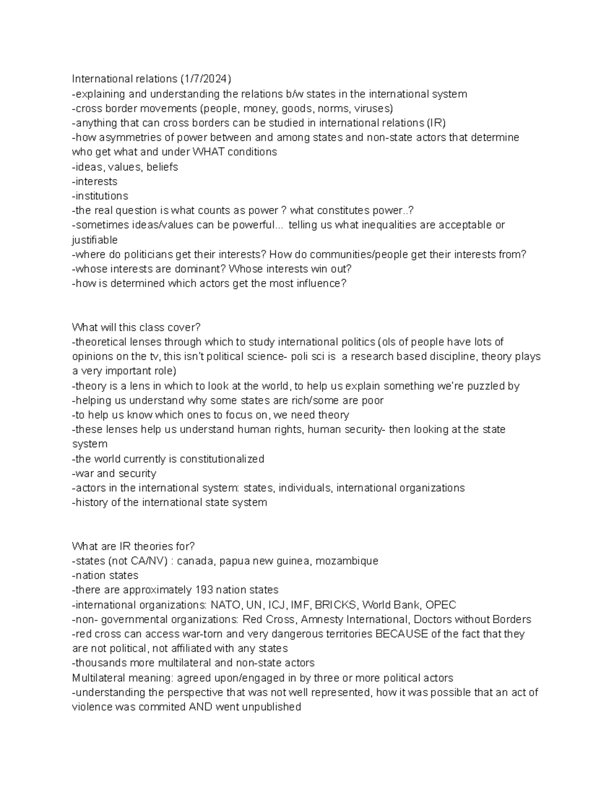Lecture notes, first class meeting - International relations (1/7/2024 ...