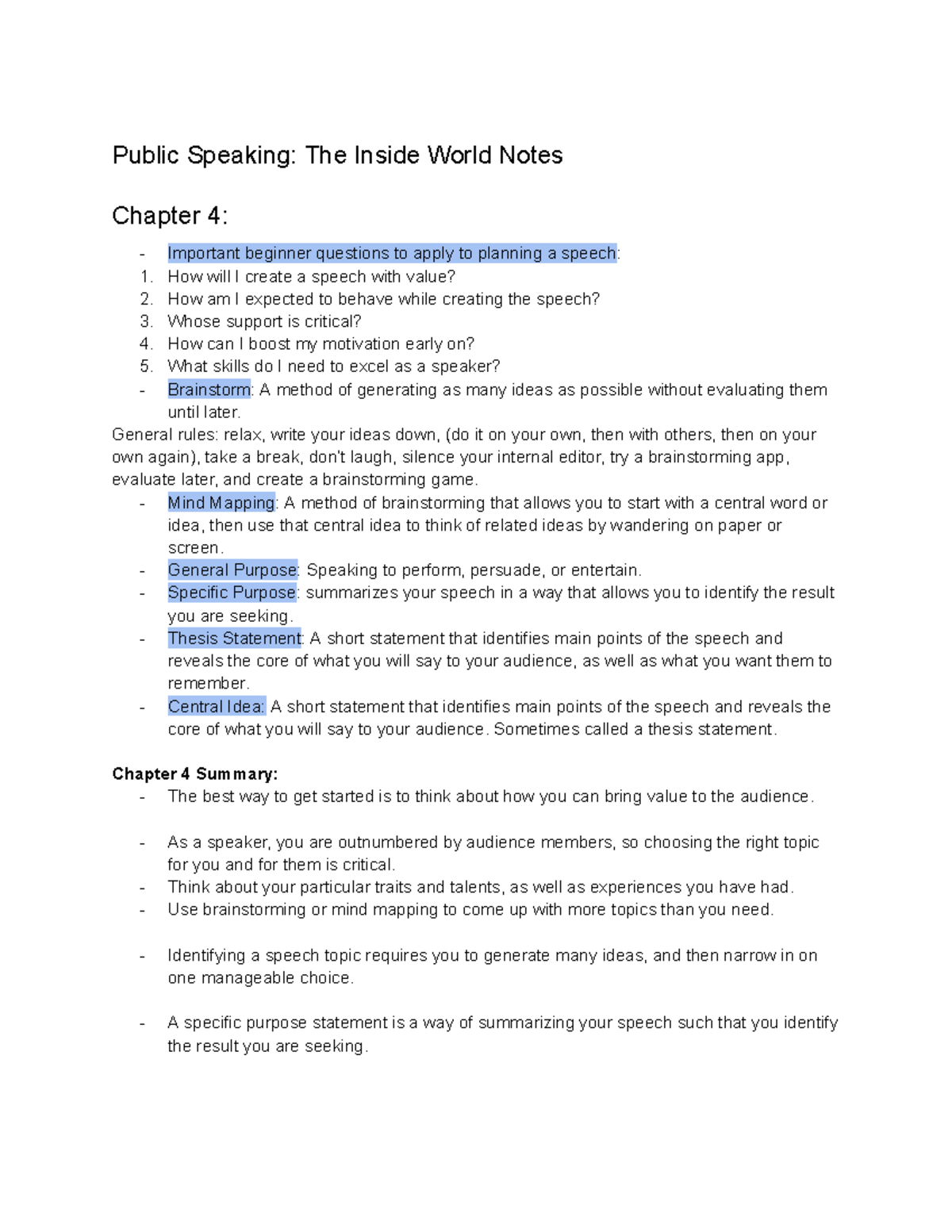 Public Speaking: The Inside World - Chapter 4 Notes - Studocu