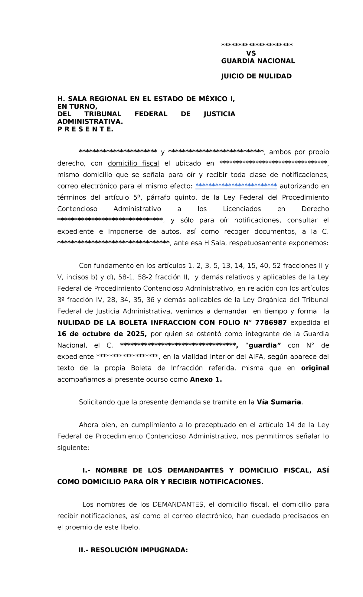 Juicio de Nulidad por Multa de la Guardia Nacional - Folio 7786987 - Document Preview
