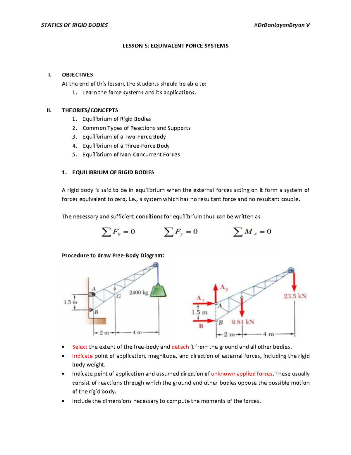 Lesson 5: Equivalent Force Systems in Rigid Body Equilibrium - Studocu