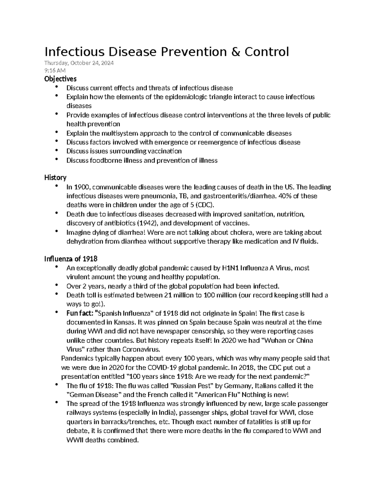 Infectious Disease Prevention & Control Lecture Notes - Fall 2024 - Studocu