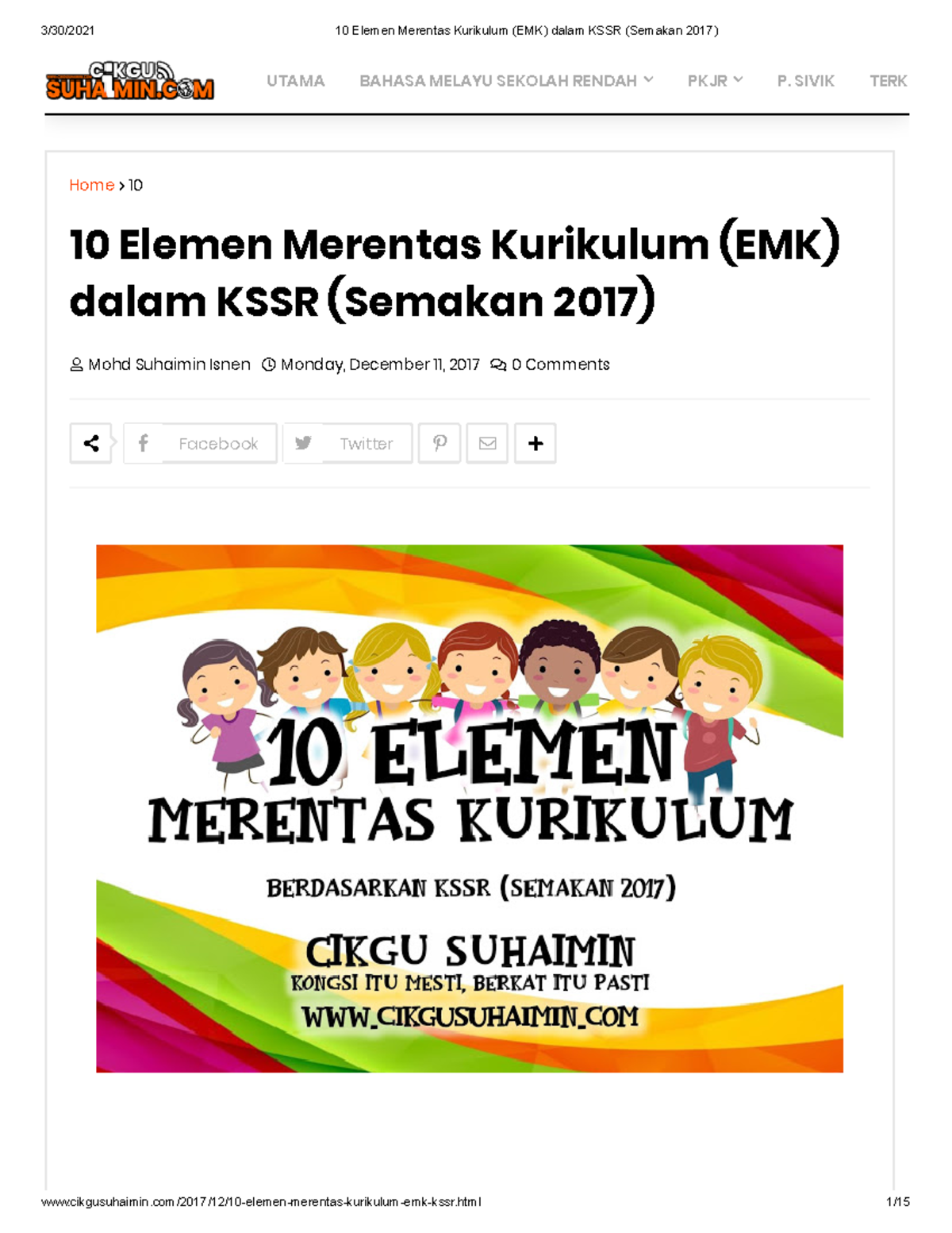 10 Elemen Merentas Kurikulum (EMK) dalam KSSR (Semakan 2017 ) - UTAMA ...