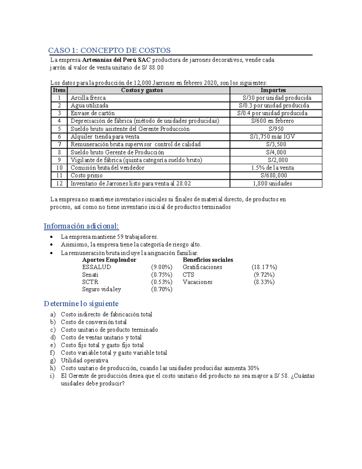 CA143 MO: Ejercicios Resueltos sobre Costos y Gastos - Studocu