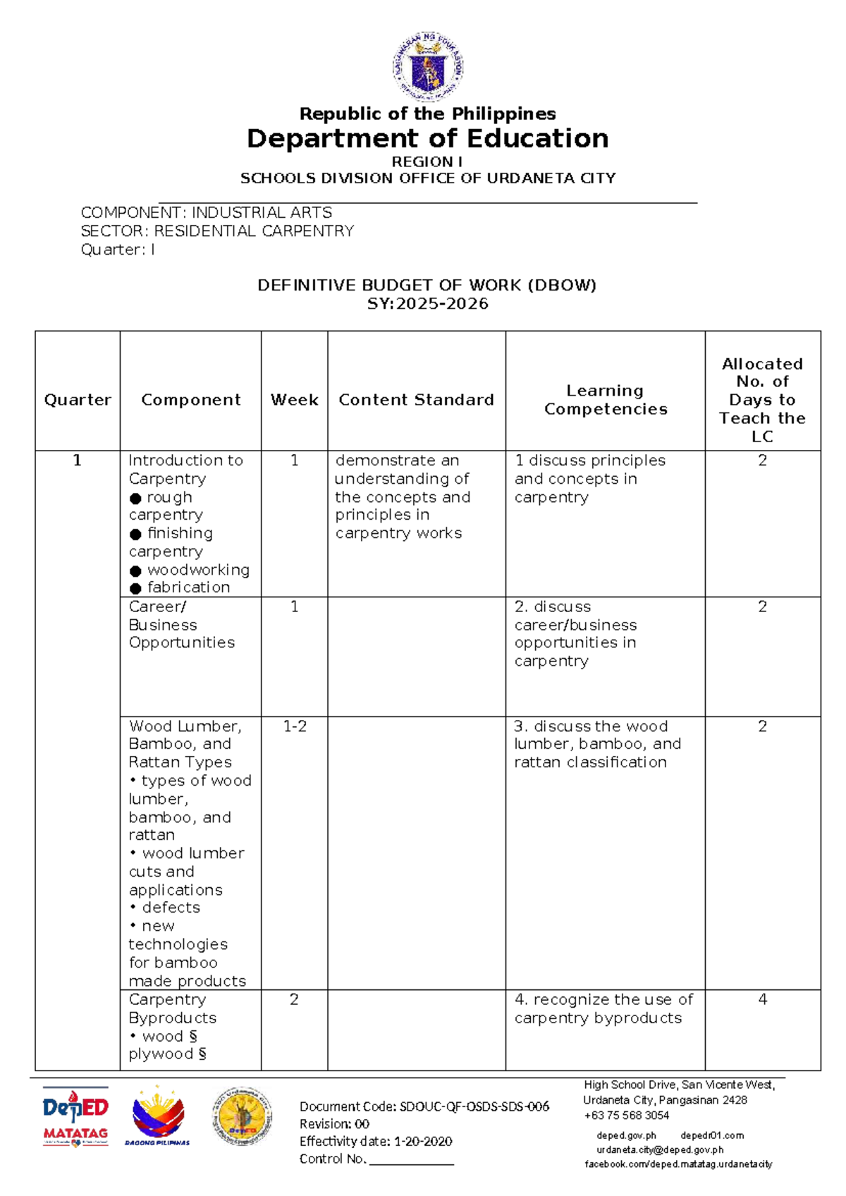 DBOW IA 9 10 - Definitive Budget of Work for Carpentry Quarter I - Studocu