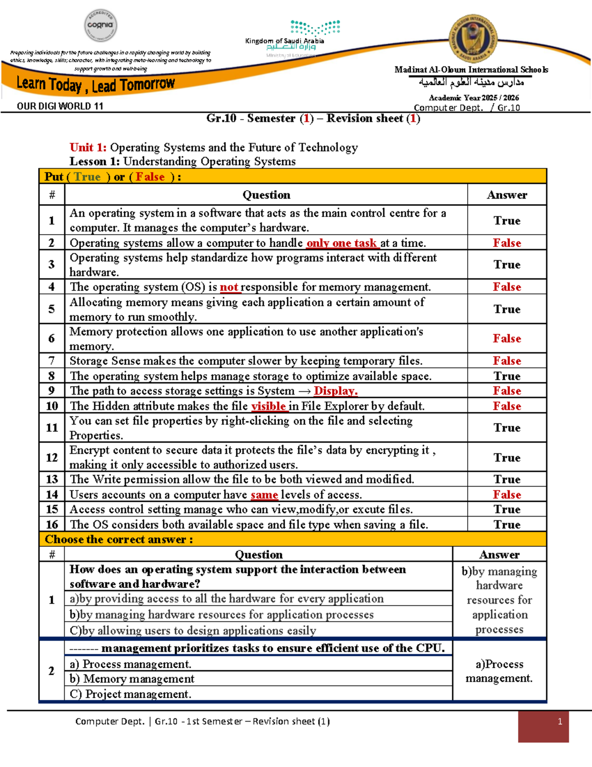 Computer Dept. Gr.10 1st Sem. Revision: Operating Systems & Tech - Studocu