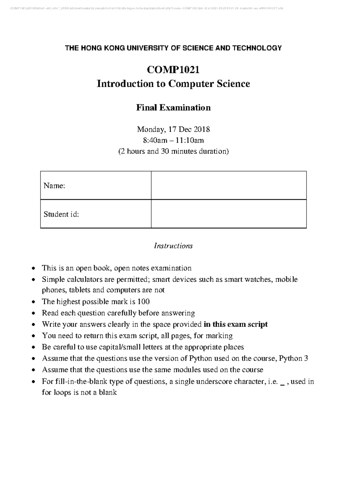 COMP1021 Final Exam Review - Python Programming Concepts - Studocu