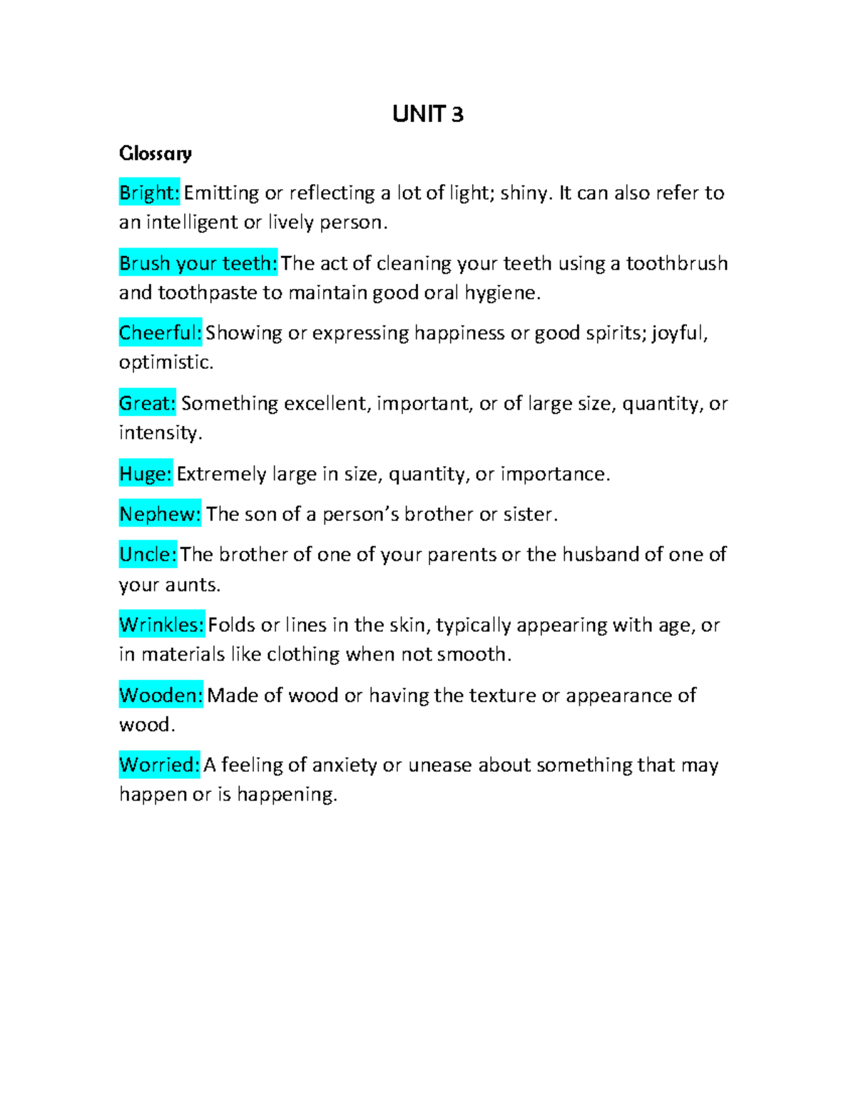 UNIT 3 - palabras clave - UNIT 3 Glossary Bright: Emitting or ...