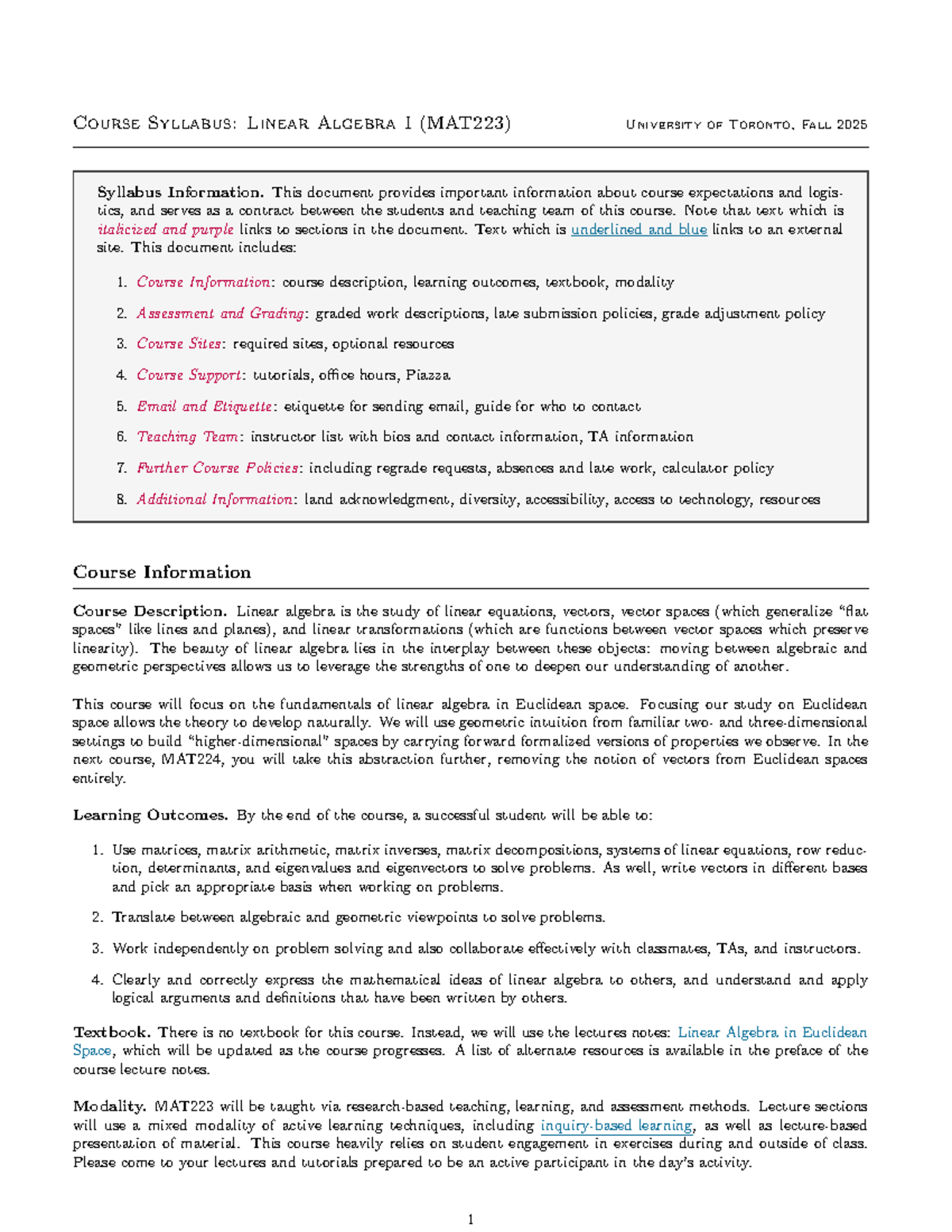 Syllabus for Linear Algebra I (MAT223) - University of Toronto, Fall ...