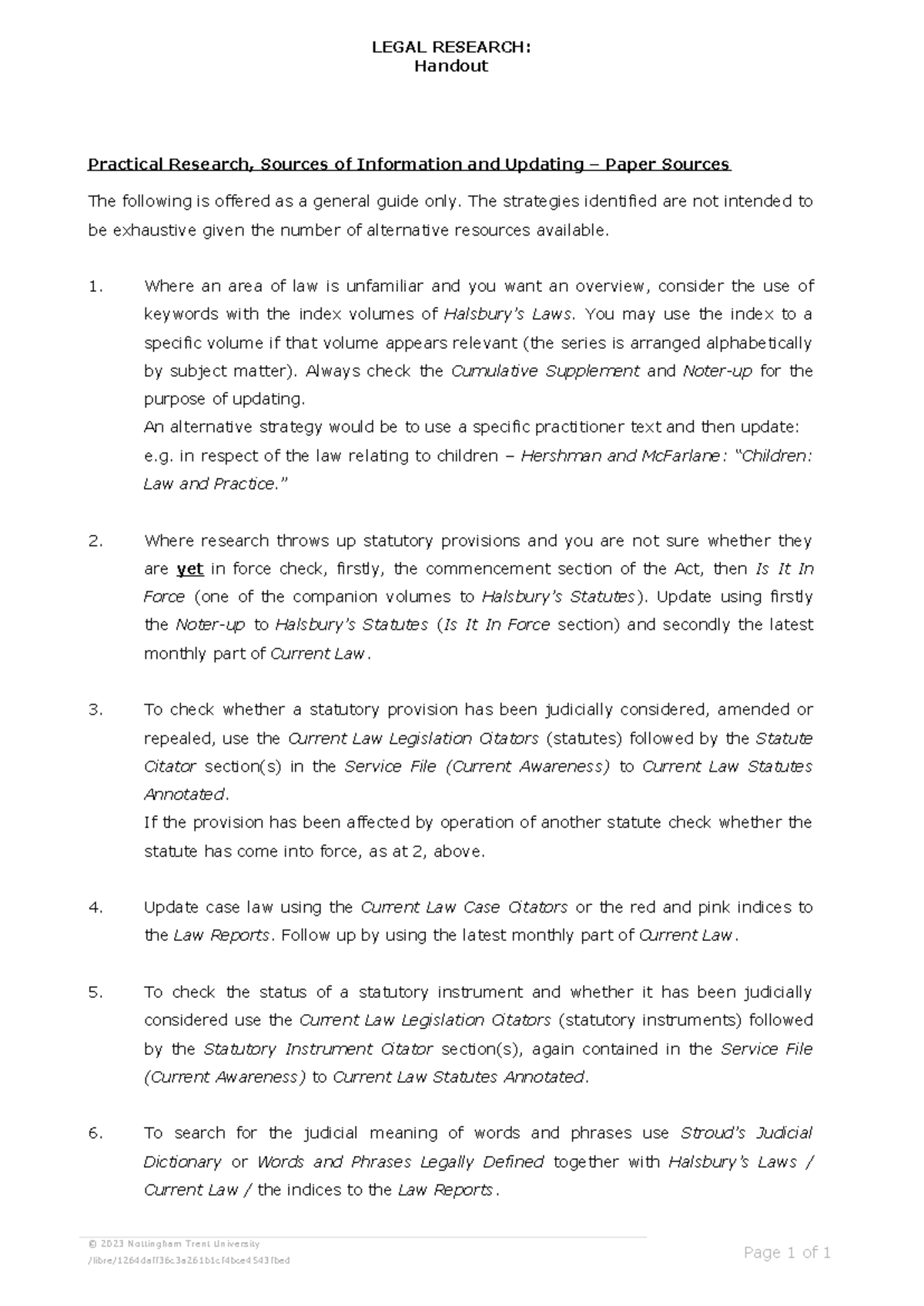 Lec Part B - Handout - Lecture notes - LEGAL RESEARCH: Handout ...
