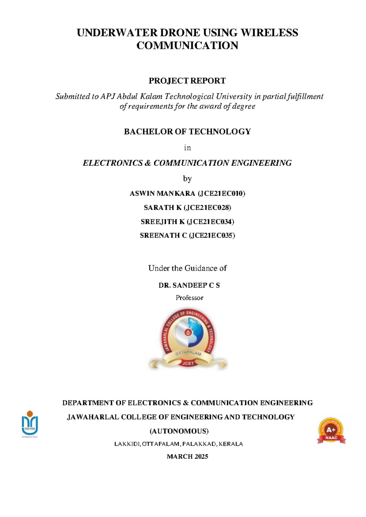 Underwater Drone Project Report: Wireless Communication in ECE (JCE21EC ...