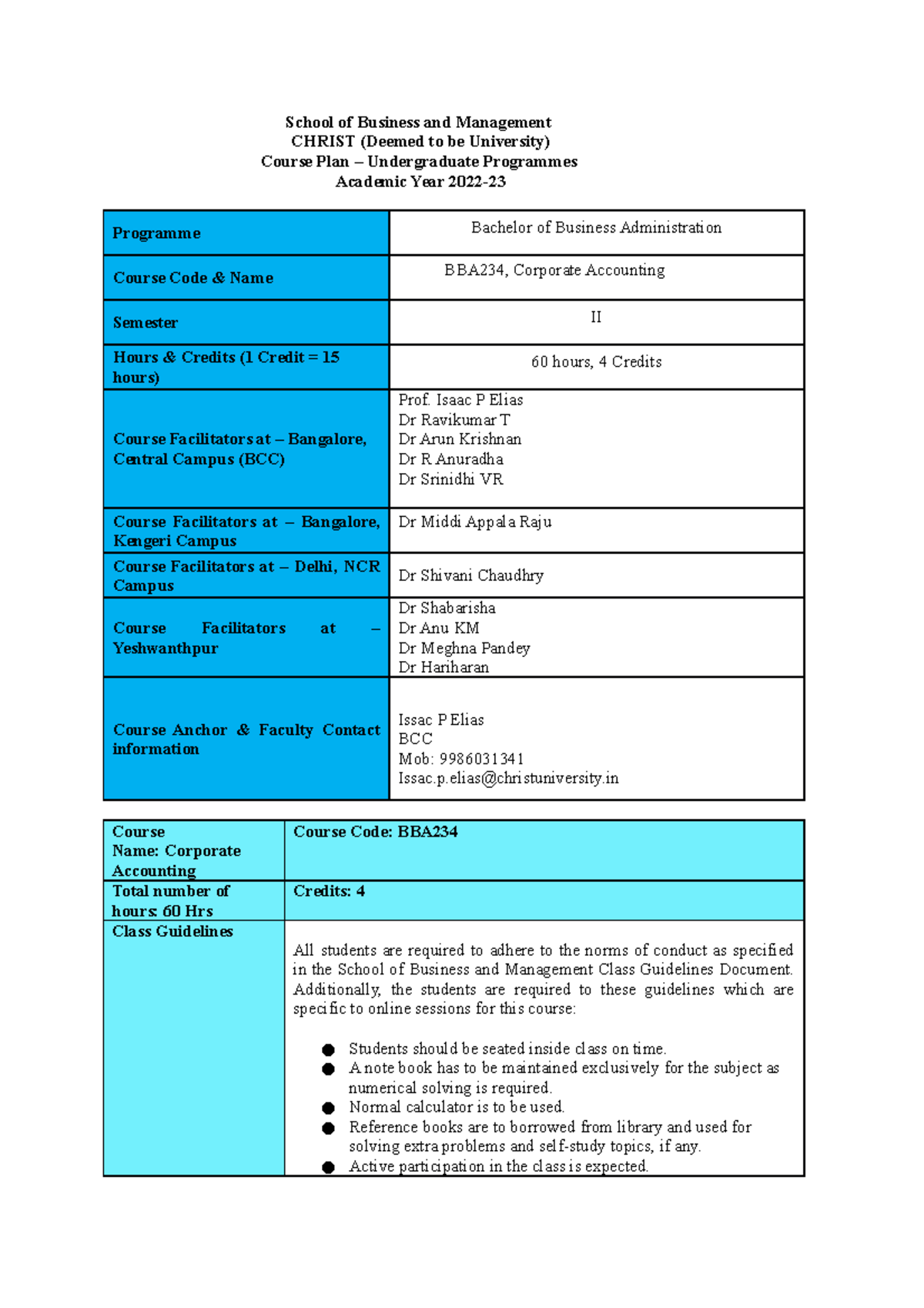 BBA 234 Corporate Accounting Course Plan for Semester II, 2022-23 - Studocu