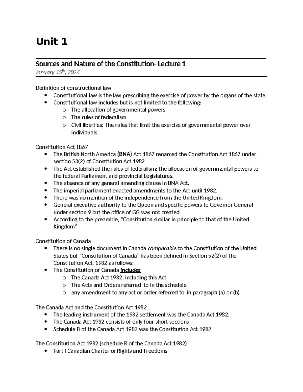 Unit 1 - Sources and Nature of Constitutional Law Lecture Notes (LAW ...