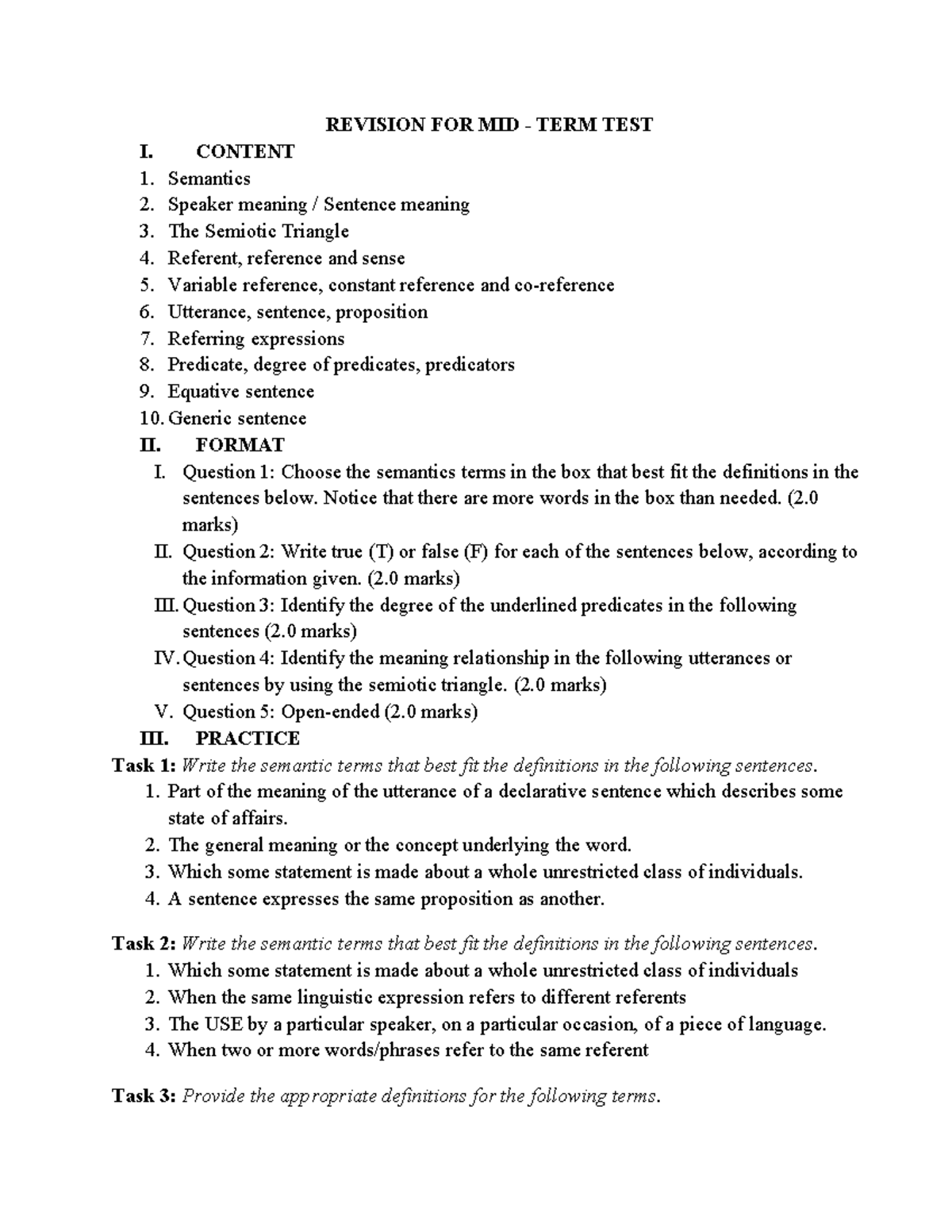 MID-TERM TEST Revision: Key Concepts in Semantics and Language - Studocu