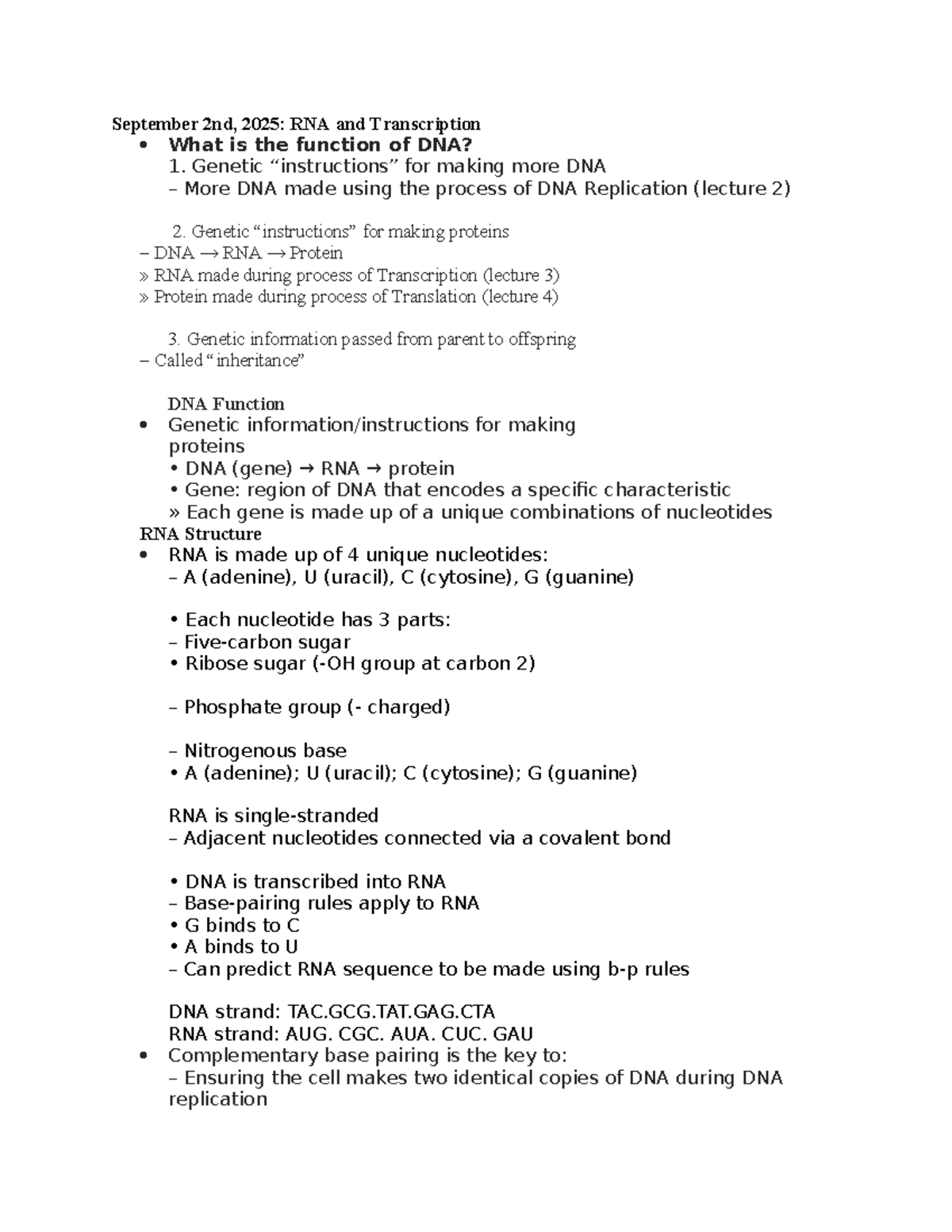 RNA and Transcription: Functions of DNA and Protein Synthesis (BIO 101 ...