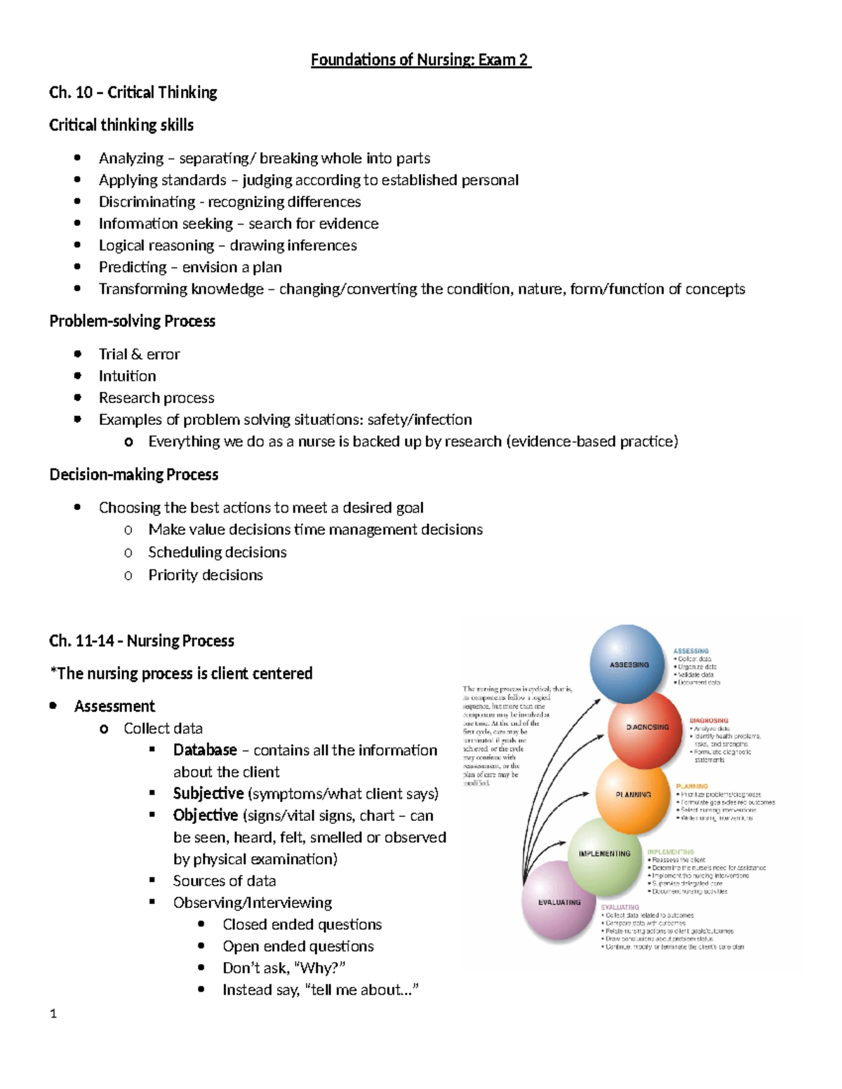 NUR 155 Exam 2 Study Guide: Critical Thinking & Nursing Process ...