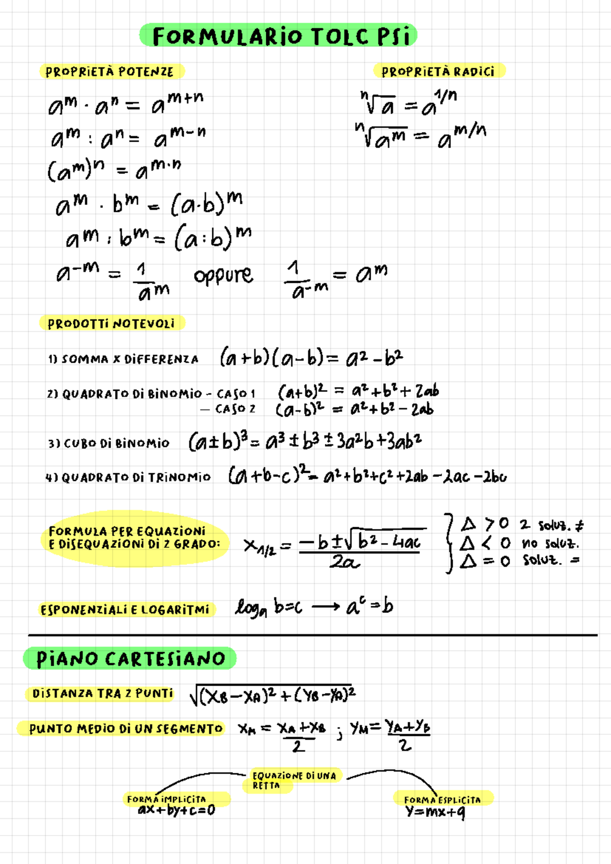Formulario TOLC - Esercizi e Teoremi di Algebra - Studocu