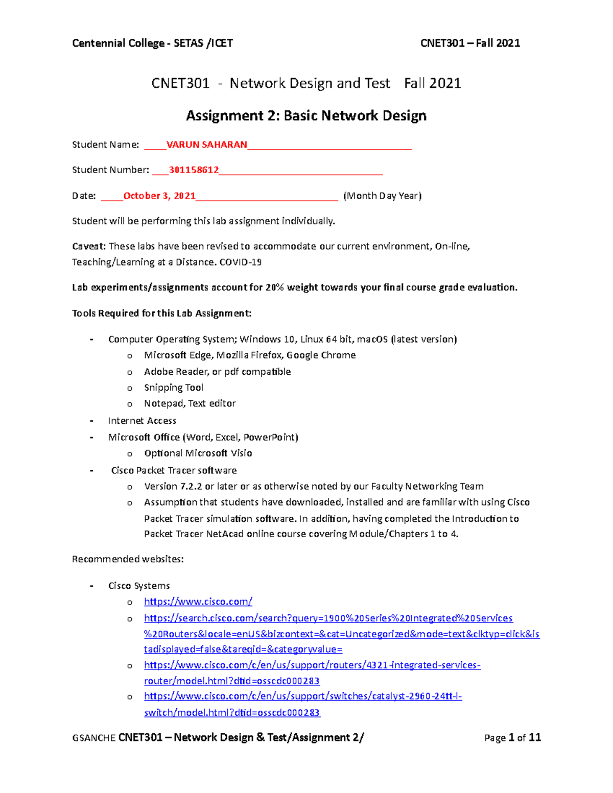 CNET301 Assignment 2 - Basic Network Design -Fall 2021 rev1 - CNET301 ...