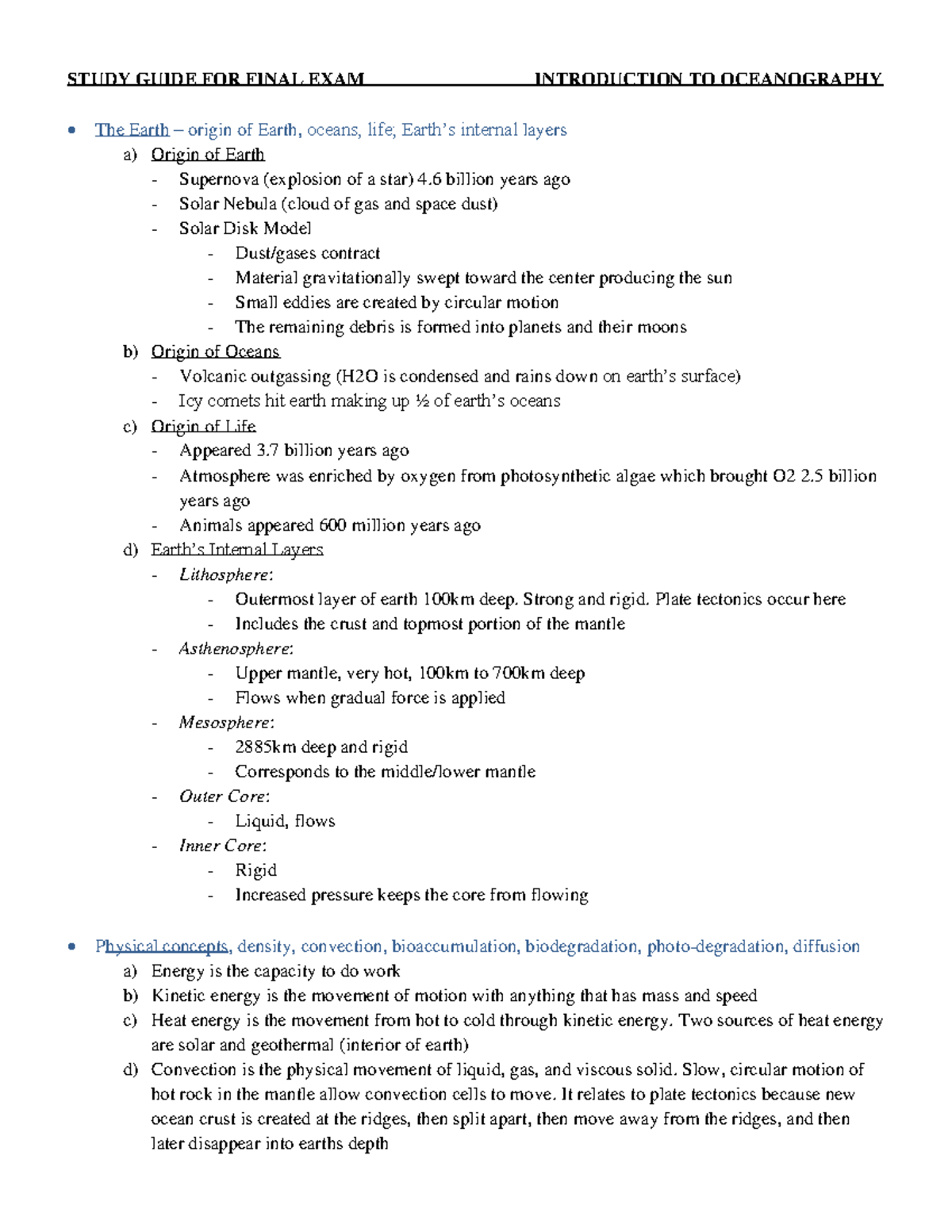 Oceanography 100 Final Exam Study Notes: Key Concepts & Topics - Studocu