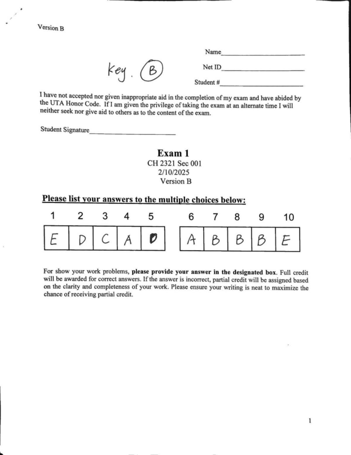 Ochem 1 Exam 1 Key - Version B Solutions and Guidelines - Studocu