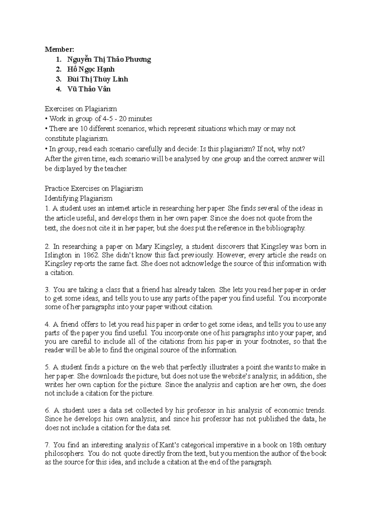 PLG101 - Plagiarism Exercises: Group Scenarios & Analysis Guide - Studocu