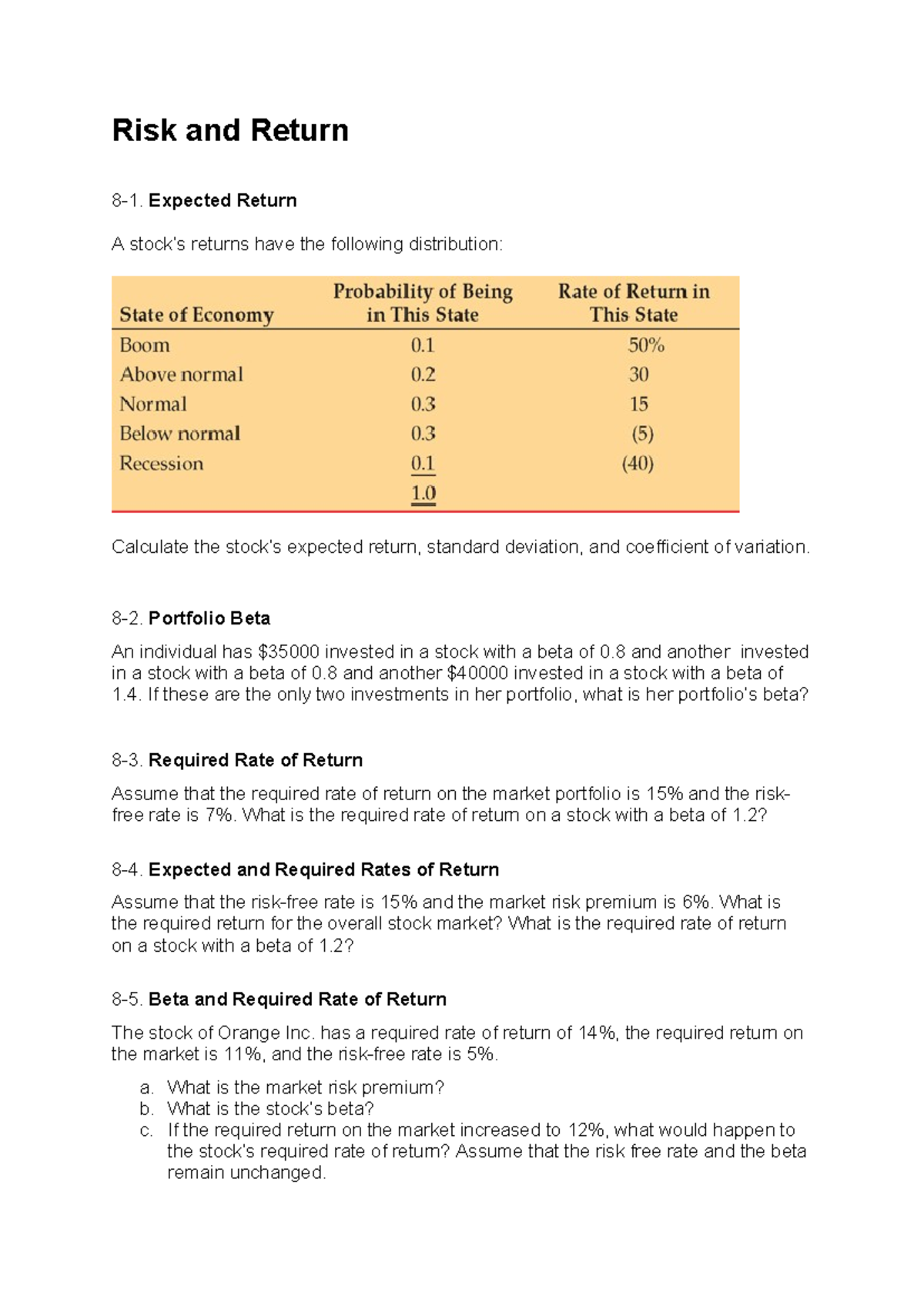 Chapter 8: Risk and Return - Questions and Calculations - Studocu