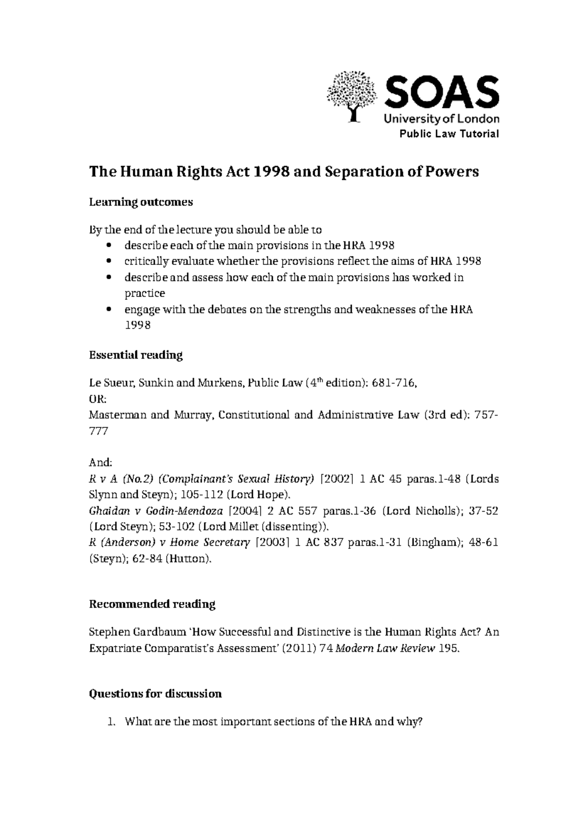 PL Tutorial: The Human Rights Act 1998 & Separation of Powers 2024 ...