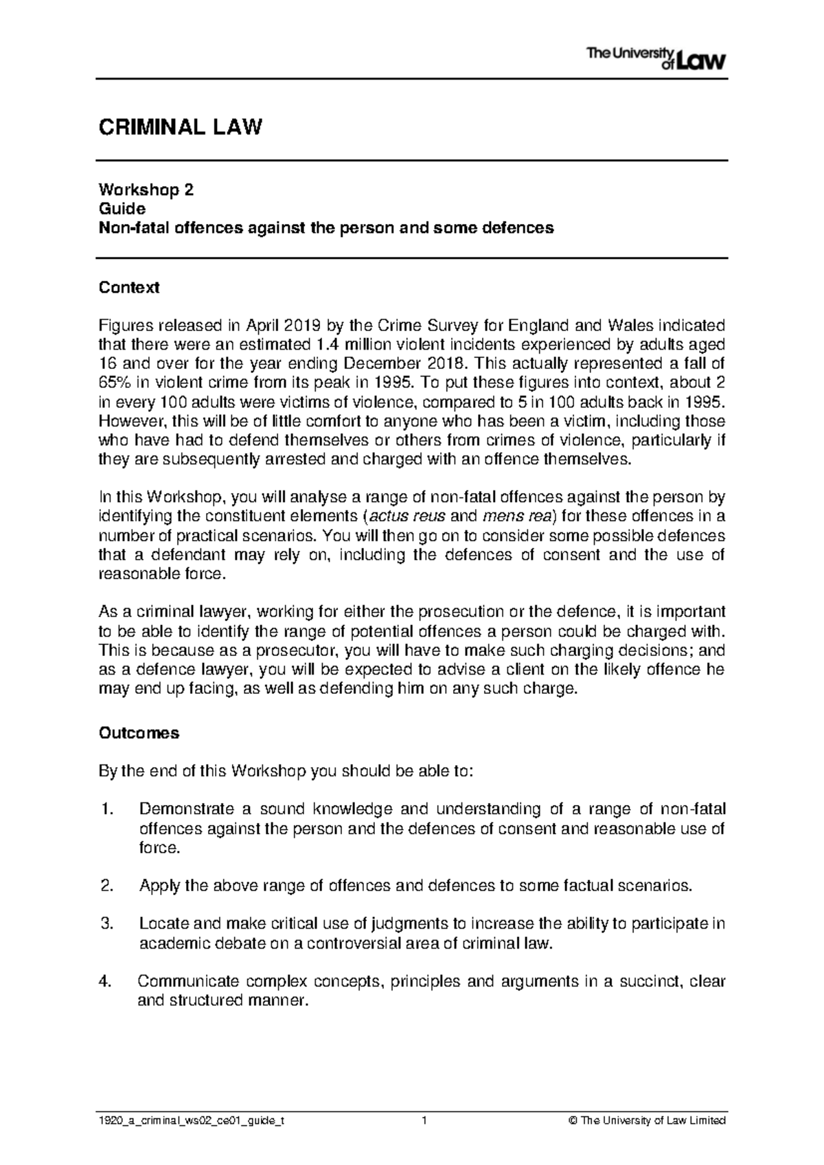 1920 Criminal Law WS02 CE01 Guide: Non-Fatal Offences & Defences - Studocu