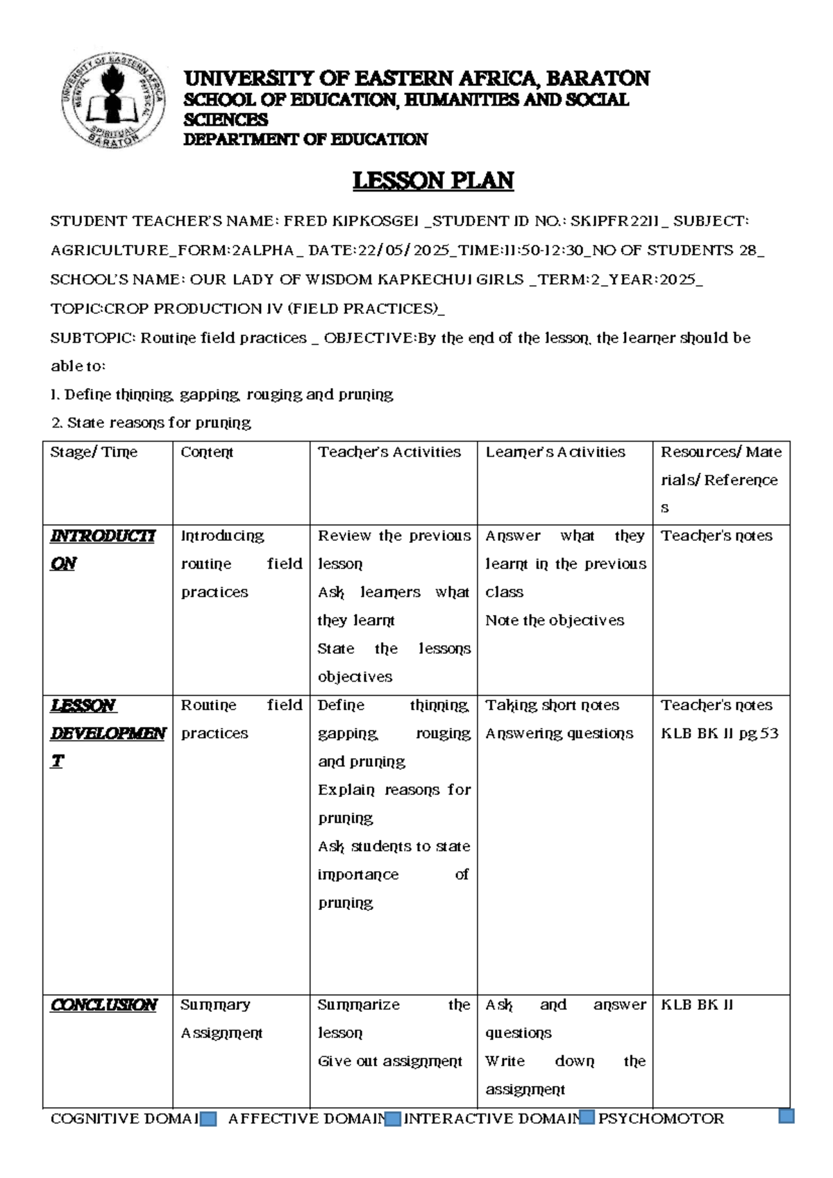 Agriculture Lesson Plan: Crop Production IV (Field Practices) - Form 2 ...