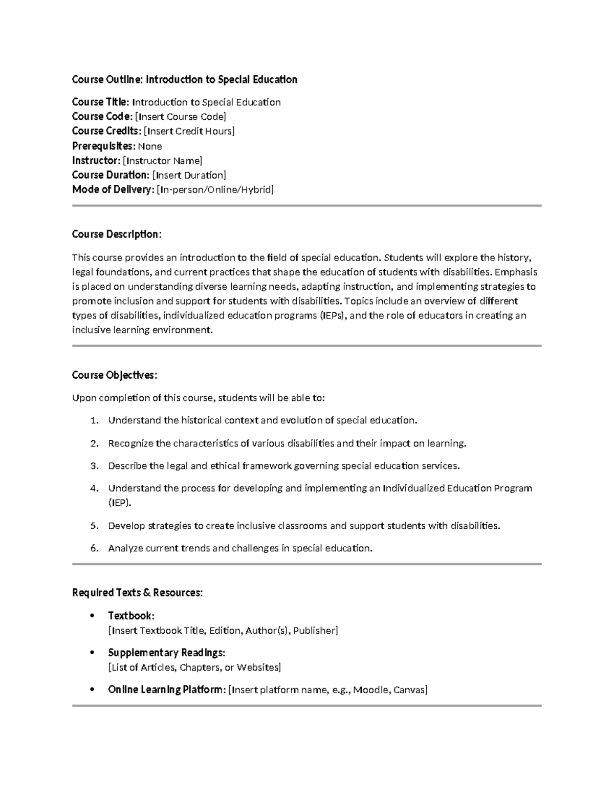 Introduction to Special Education Course Outline [Course Code] - Studocu