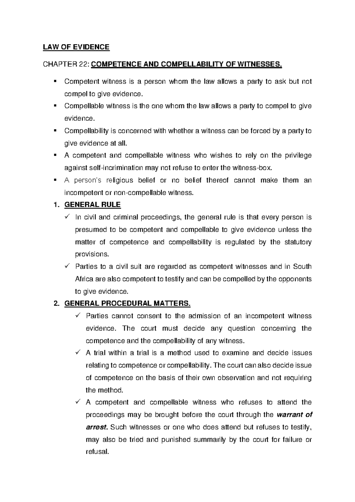 Law of Evidence - C22: Competence & Compellability of Witnesses - Studocu