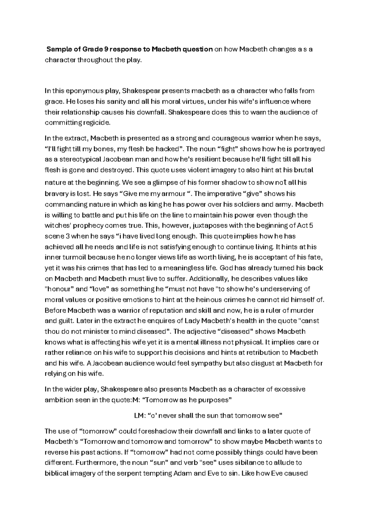 Grade 9 Analysis of Character Development in Macbeth - Studocu