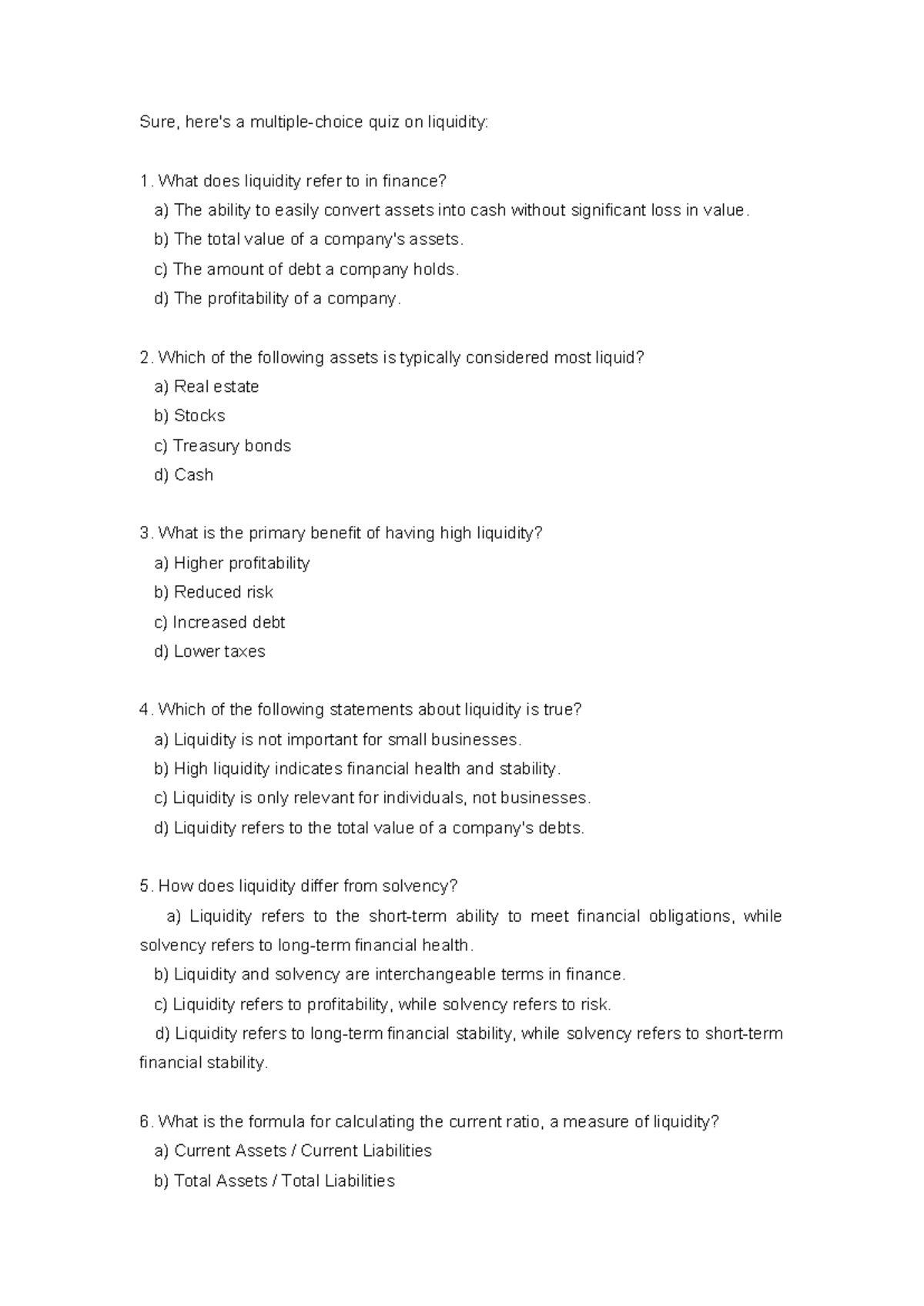 Quiz on Liquidity Concepts (Course Code: FIN101) - Studocu