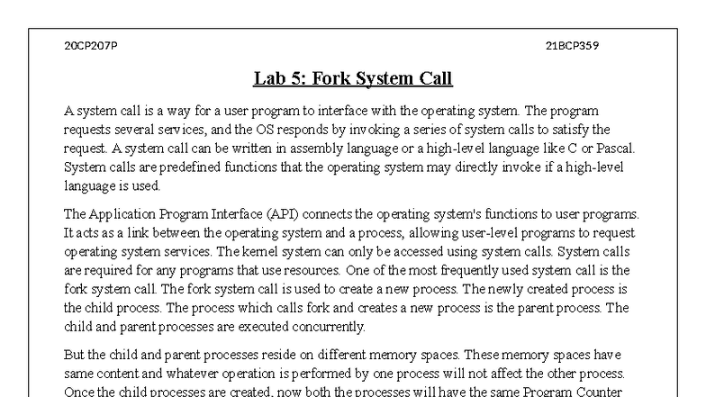 20CP207P 21BCP359 Lab 5: Understanding Fork System Call - Studocu